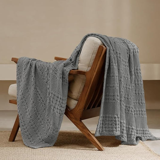 PHF 100% Cotton Waffle Weave Throw Blanket, Soft Lightweight Breathable Cozy Throws for Couch Bed Sofa, 300 GSM Luxury Aesthetic Blanket Gift for Home Decor & Office, 50"x60", Dark Grey