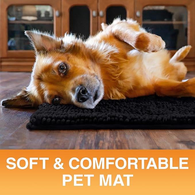 Neater Pets Chenille Dog Door Mat 24” x 17” – Super Absorbent & Quick-Dry Muddy Paws Doormat for Trapping Dirt, Water, Mud - Non-Slip & Machine Washable Pet Rugs for Entryway, Indoor Mud Mats, Black