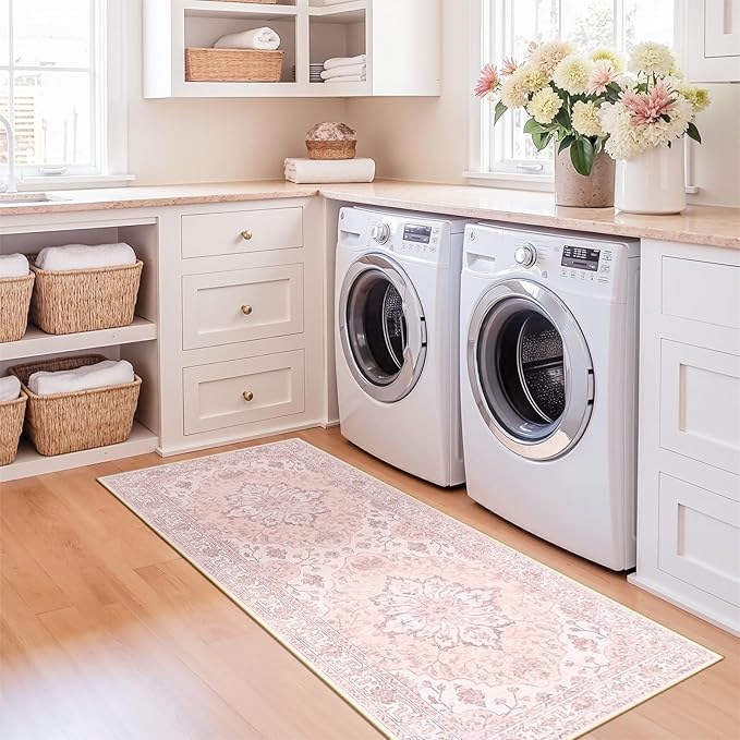 RELEANY Area Rugs 2'x5' Washable Non-Slip, Floral Vintage Distress Print Pattern Medallion Carpet for Living Room Bedroom Dining Room, Pink Greypink Cute