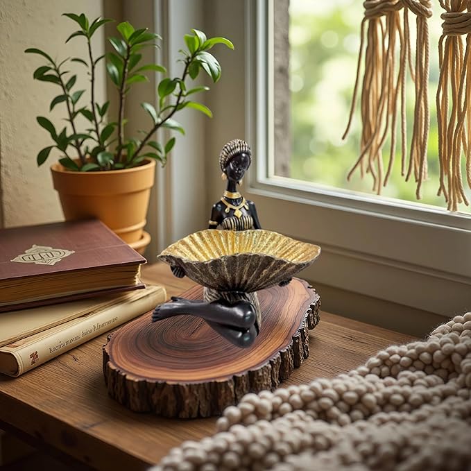 African Woman Kneeling Statue with Large Leaf Bowl – Resin Figurine, Black and Gold Cultural Sculpture, African Decor Candy Jewelry Dish