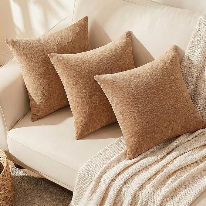 Set of 4 Brown Throw Pillow Covers 18x18 Inch, Neutral Boho Farmhouse Aesthetic Decorative Pillow Cases for Couch, Sofa, Living Room & Bed, Soft Chenille Pillow Cases, Stylish Home Decor, 45x45 cm