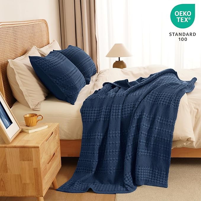 PHF 100% Cotton Waffle Weave Throw Blanket, Soft Lightweight Breathable Cozy Throws for Couch Bed Sofa, 300 GSM Luxury Aesthetic Blanket Gift for Home Decor & Office, 50"x60", Bright Navy