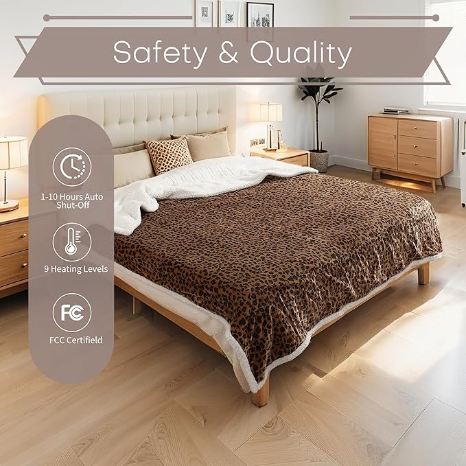LUXIAN Electric Heated Blanket Full Size 72"x84" - Microplush & Sherpa Fabric Dual-Sided, 9 Heat Settings & 10 Hours Auto Off, Cozy Warming Throw for Office or Bed, Machine Washable, Leopard Print