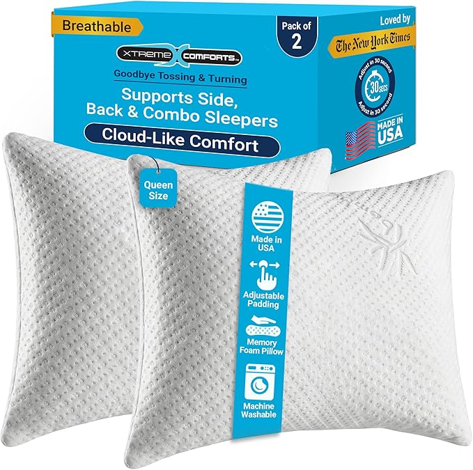 Xtreme Comforts Set of 2 Pillows for Sleeping Sleep Adjustable Shredded Memory Foam Pillows with Removable Cover | Support for Side, Back & Stomach Sleepers - Queen Size