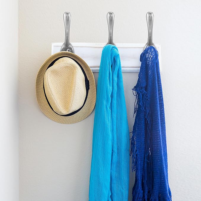 Coat Hooks 5 Pack - Heavy Duty Wall Mounted Brushed Nickel Door Hooks Double Prong Hooks for Hanging Clothes/Towels - Sturdiness Design with Better Mounting System