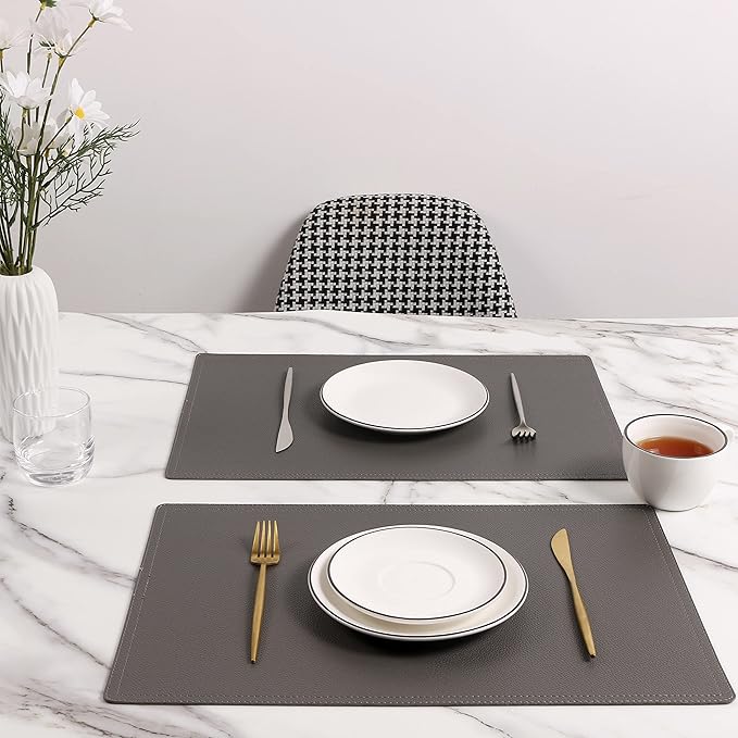 Set of 4 Faux Leather Placemats, PU Table Mats, Waterproof, Stain Resistant, Heat Resistant, Non-Slip Easy to Clean for Kitchen Dining Table,Conference Table C Grey Rectangle