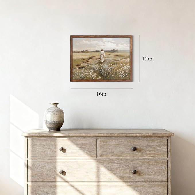 Jesus Canvas Wall Art, Jesus Walking in Field Painting, Rustic Christian Wall Decor Pictures for Living Room Bedroom Home Office Church Decoration 12x16 Inch Wood Framed