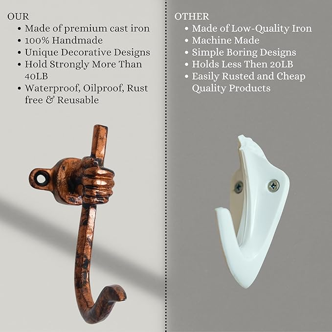 Set of 3 Cast Iron Unique Hand Hook Shape Coat Hooks Wall Art Decor-Hand Shape Hangers and Key Holder-Clothes Rack and Backpack Hanger-Coat Hooks Home Decor for Storage, Living Room (Copper Antique)
