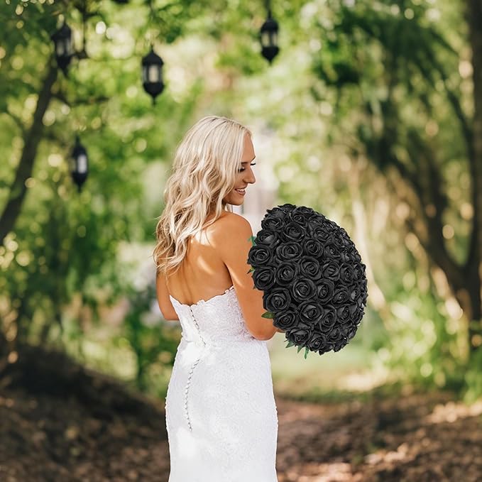 50 PCS Black Roses Artificial Flowers, Fake Roses with Stem Realistic Silk Roses for DIY Wedding Bouquets Table Centerpieces Arrangements Baby Shower Birthday Home Decor Valentine's Day Gift for Her