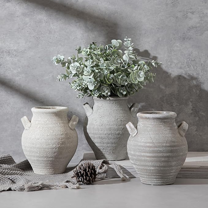 Ceramic Flower Vase, 7.36 Inch Rustic Farmhouse Vases Decorative Vintage Vase for Home Decor Table Living Room Kitchen Bedroom Shelf Mantel Wedding Centerpiece