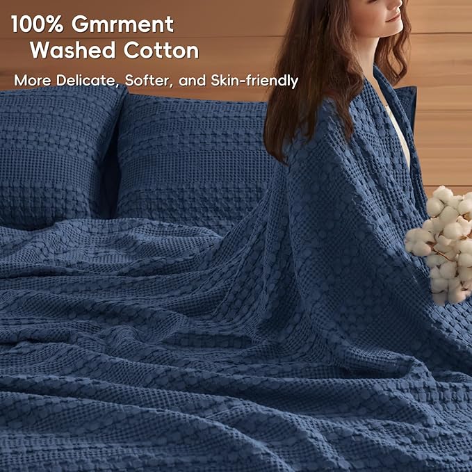 PHF 100% Cotton Waffle Weave Blanket Queen Size for Bed, Soft Lightweight & Breathable, All-Season Comfort, 300 GSM Luxury Aesthetic Blanket for Home Decor, 90"x90", Blue Sapphire