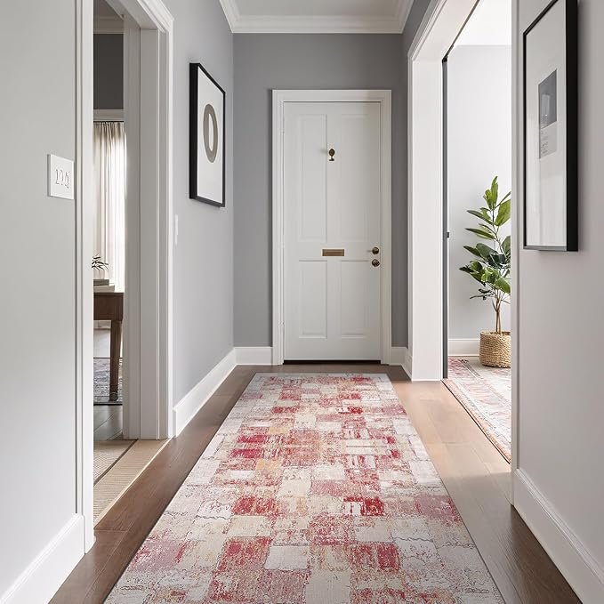 Beverly Rug Modern Abstract Runner Rug 2x7 Luxury Ultra Soft Vintage Indoor Area Rugs for Living Room Stain Resistant Non Shedding Indoor Carpet Alfombras para Salas Modernas (2 x 7 Pink)