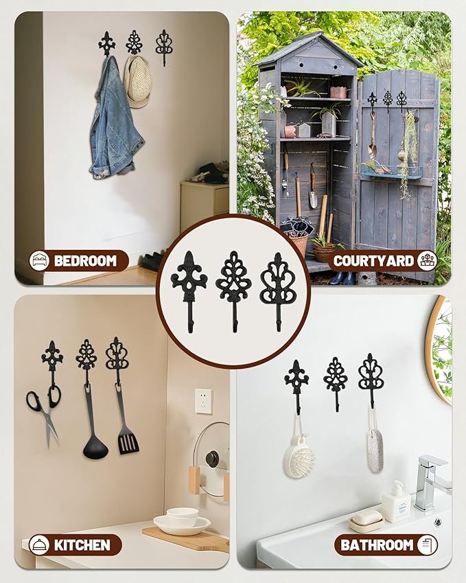 3PCS Wall Hooks for Hanging - Cast Iron Vintage Wall Decor Coat Rack - Vintage Rustic Design Hat Hooks for Kitchen, Entryway - Handmade Heavy Duty Key Hook (Black)
