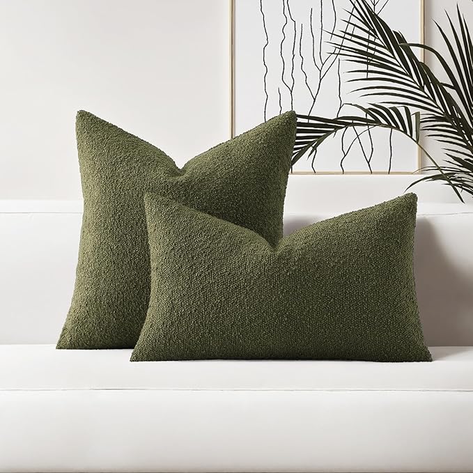 HAUSSY Set of 2 22x22 Decorative Throw Pillow Covers, Soft Cozy Textured Boucle Couch Cases, Home Decor for Couch Bed Living Room, Moss Green