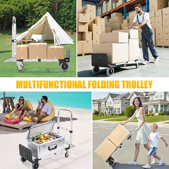 3 in 1 Aluminum Folding Hand Truck Dolly Cart with Wheels 600 Lbs Capacity Collapsible Heavy Duty Convertible Trolley with Retractable Handle for Moving Home Warehouse Office Camping (Black)