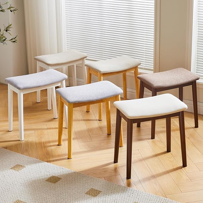 IBUYKE Saddle Cushion Vanity Stool Chair, Foot Rest Stool with Solid Wood Legs, Modern Vanity Bench Ottoman for Piano, Upholstered Seat for Bedroom, Entryway, Wooden Legs&Light Gray WBD007NG