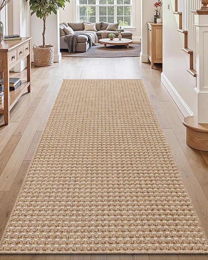 DEXI Hallway Runner Rug 3.3x6.7, Woven Braided Farmhouse Runner Carpet Indoor, Absorbent Thin Long Entryway Runners for Kitchen, Laundry Room, Patio Entrance, Checkered Beige