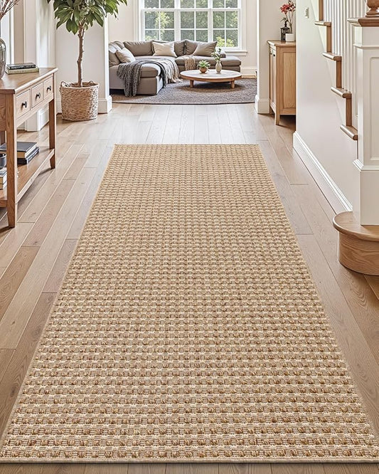DEXI Hallway Runner Rug 3.3x6.7, Woven Braided Farmhouse Runner Carpet Indoor, Absorbent Thin Long Entryway Runners for Kitchen, Laundry Room, Patio Entrance, Checkered Beige