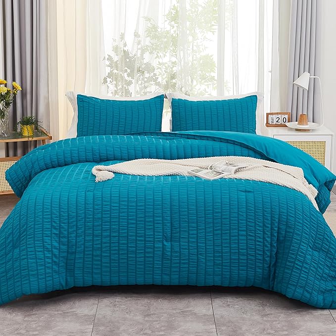 AveLom Teal Seersucker Twin/Twin XL Comforter Set (68x90 inches), 2 Pieces-100% Soft Washed Microfiber Lightweight Comforter with 1 Pillowcase, All Season Down Alternative Comforter Set for Bedding