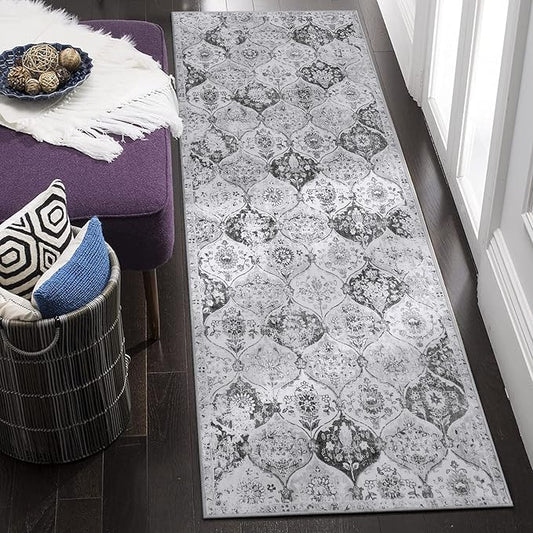 Lahome Moroccan Trellis Washable Runner Rug, 2x6 Kitchen Runners for Hallways 6 Feet Non Slip, Vintage Laundry Room Rug Ultra-Thin Long Carpet for Bathroom Bedroom Entryway, Silver/Grey