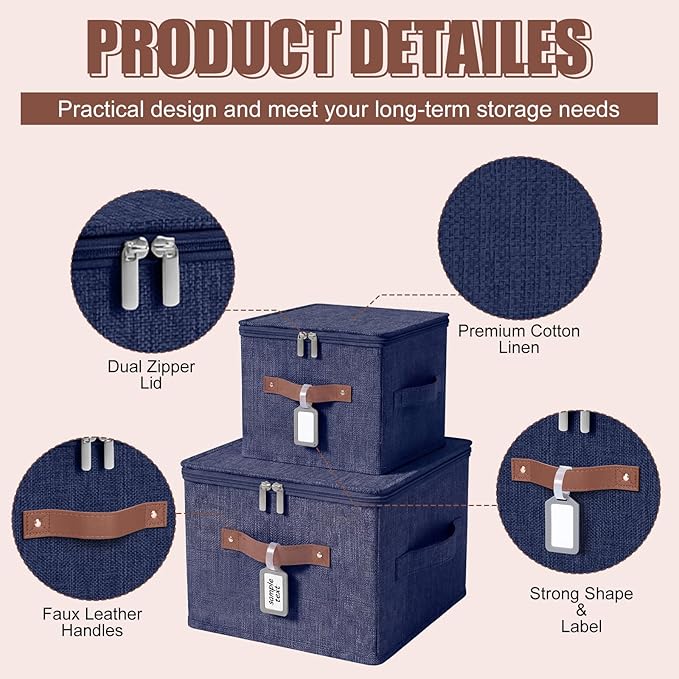 6 Pack Fabric Storage Bins with Lids and Label, 10×8×7Inch Foldable Cotton Linen Cute Storage Boxes with PU Leather Handles for Closet, Bedroom, Shelf, Nursery, Dark Blue