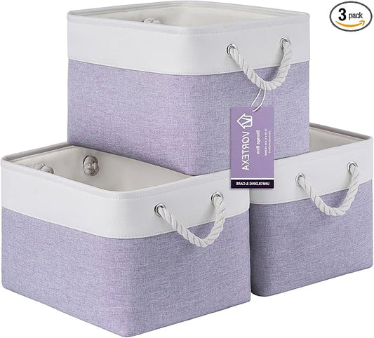 Large Storage Baskets- 15x11x10 inch Storage Bins for Shelves and Closet Organizing, Foldable Fabric Bin for Home Organization Clothes and Laundry (3-Pack, White&Purple)