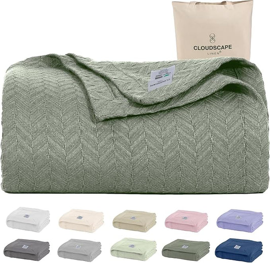 Cloud Scape Linen 100% Cotton Blanket 92x92 Olive Green - Cozy Herringbone Weave, Fits Up to for Full Size Beds, Breathable Softness, All-Season Warmth, Winter Blanket, for Women