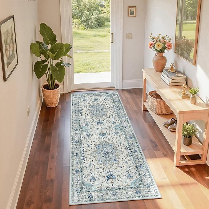 RELEANY Area Rugs 2'x6' Washable Non-Slip, Floral Vintage Distress Print Pattern Medallion Carpet for Living Room Bedroom Dining Room, Light Blue Navy Beige Gray White