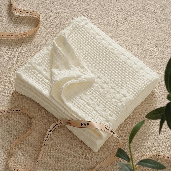 PHF 100% Cotton Waffle Weave Throw Blanket, Soft Lightweight Breathable Cozy Throws for Couch Bed Sofa, 300 GSM Luxury Aesthetic Blanket Gift for Home Decor & Office, 50"x60", Cannoli Cream