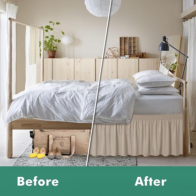 Biscaynebay Wrap Around Bed Skirts with Split Corners for King Beds 17" Drop, Light Camel Elastic Dust Ruffles Easy Fit Wrinkle & Fade Resistant Silky Luxurious Fabric Solid Machine Washable