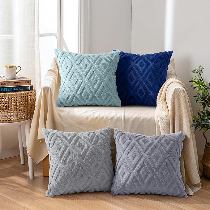 decorUhome Pack of 4 Faux Fur Throw Pillow Covers 20x20, Soft Decorative Couch Pillow Covers with Velvet Back for Modern Sofa Living Room, Grey/Blue