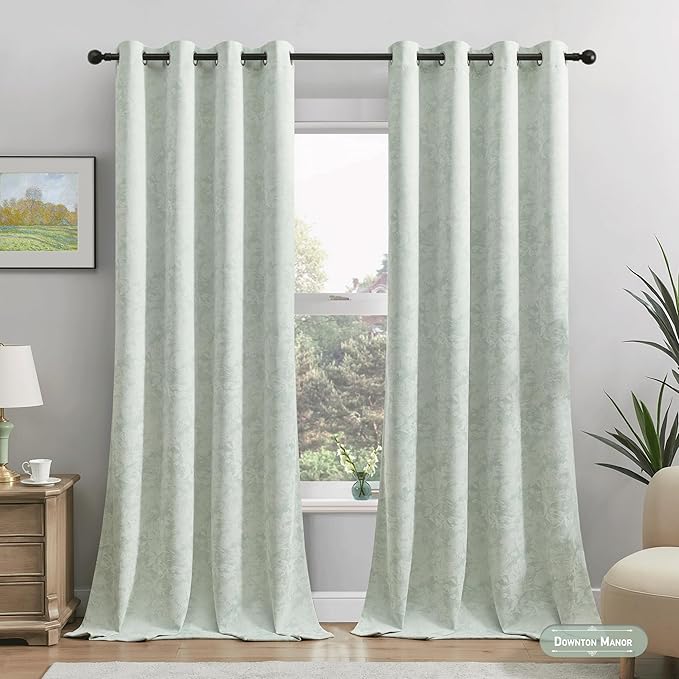Beauoop Green Floral Jacquard Blackout Curtains 90 Inches Long 2 Panels for Bedroom Living Room Sage Flower Chenille Room Darkening Thermal Insulated Soundproof Grommet Window Treatments Drapes, 52x90