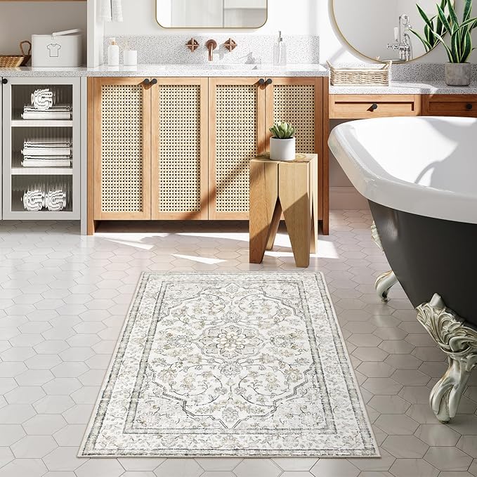 Lahome Oriental Washable Rugs 3x5, Rug for Entryway Indoor Non-Slip, Ultra-Thin Soft Boho Area Rug for Bedroom, Traditional Vintage Low-Pile Entry Throw Rugs Mats for Bathroom Kitchen,(3x5ft, Beige)