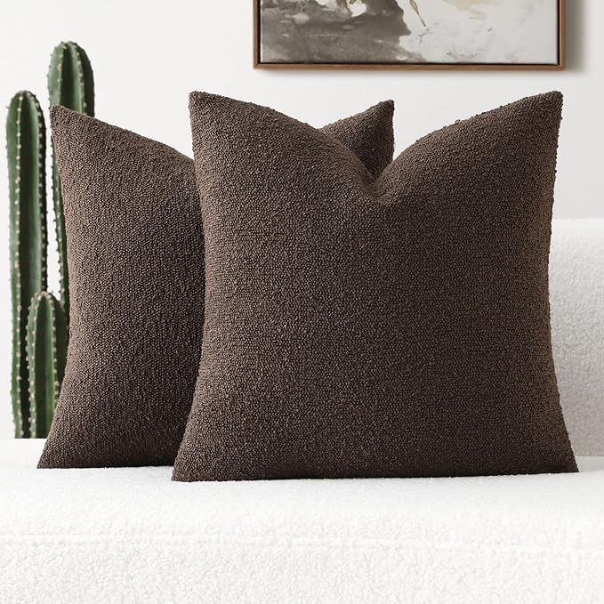 FUTEI Pack of 2 Dark Coffee Decorative Throw Pillow Covers 20x20 Inch Soft Cozy Solid Boucle Textured Cushion Case,Modern Home Decor for Couch Bed Living Room