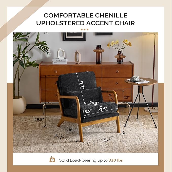 VINGLI Chenille Mid-Century Modern Accent Chair, Cute Reading Arm Chair with Cushion & Lumbar Pillow & Solid Wood Frame for Lounge, Living Room, Reading Room, Bedroom, Black