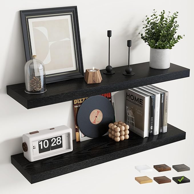 Floating Shelves for Wall with Invisible Brackets, Wall Mounted Engineered Wood Shelves with Wood Grain for Living Room, Bedroom, Bathroom, Kitchen Decor and Storage, Oak, 24"L Set of 2, Black