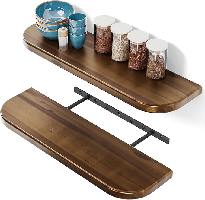 BATODA Set of 2 24” Acacia Floating Shelves for Wall (Round Edge) - Floating Bookshelf Wall - Storage Wood Shelves for House Decor, Kitchen, Bathroom - Brackets and Hardware Included (Walnut Color)