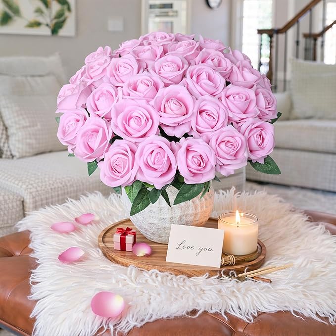 50 PCS Pink Roses Artificial Flowers, Fake Roses with Stem Realistic Silk Roses for DIY Wedding Bouquets Table Centerpieces Arrangements Baby Shower Birthday Home Decor Valentine's Day Gift for Her