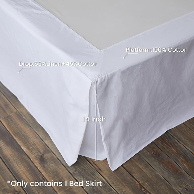 BISELINA French Linen Wrap Around Bed Skirt with Pleated Corner 14-Inch Tailored Drop Natural Flax Cotton Blend Basic Soft Cozy (14" King, White)