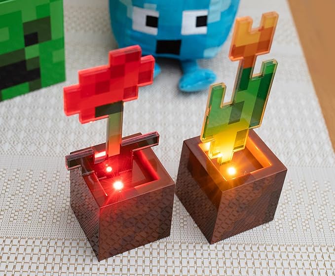 Minecraft Orange Tulip and Poppy Flower Pot Mood Lights, Set of 2 | Nightstand Table Lamp with LED Light for Bedroom, Desk, Living Room | Home Decor Room Essentials | Video Game Gifts And Collectibles