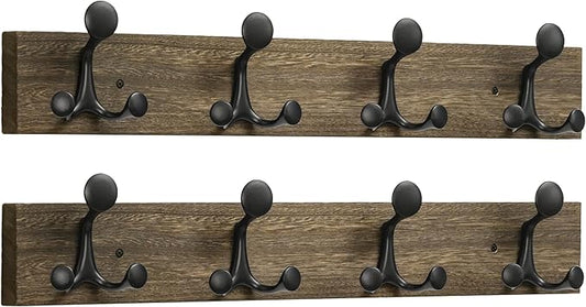 SKOLOO 24-Inch Wood Burnt Coat Rack Wall Mount with 4 Triple Hooks - Ideal for Family Entrances, Classrooms, and Pet Supplies Storage - Perfect Coat Hooks for Wall, Pack of 2