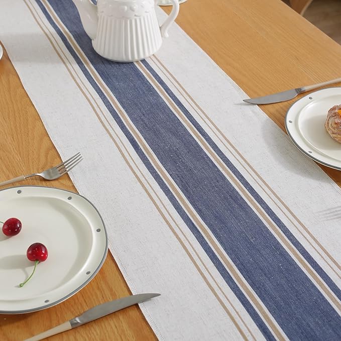 Niviy Blue Table Runner 90 Inches Long with Tassels, Seasonal Summer Washable Embroidered Striped Braided Blue and White Boho Table Runners for Holiday Party 12 x 90 Inches