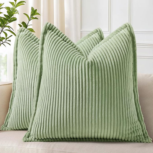 decorUhome Spring Corduroy Sage Green Euro Sham Throw Pillow Covers 22x22 Set of 2 Decorative Soft Boho Farmhouse Couch Pillow Covers for Living Room Bed Sofa Broadside Striped Pillow Cases