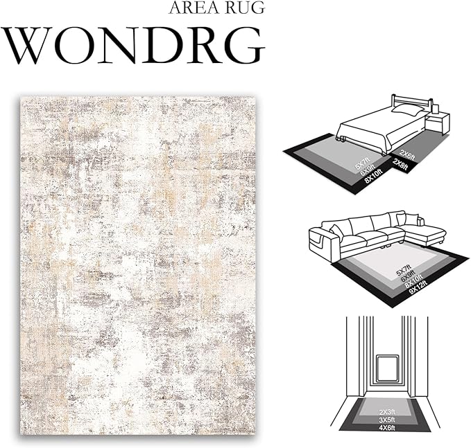 WondRg 3x5 Washable Area Rug Beige Grey Abstract Entryway Office Throw Rug Neutral Modern Non Slip Soft Low Pile Small Carpet for Kitchen Living Room Bedroom Entrance