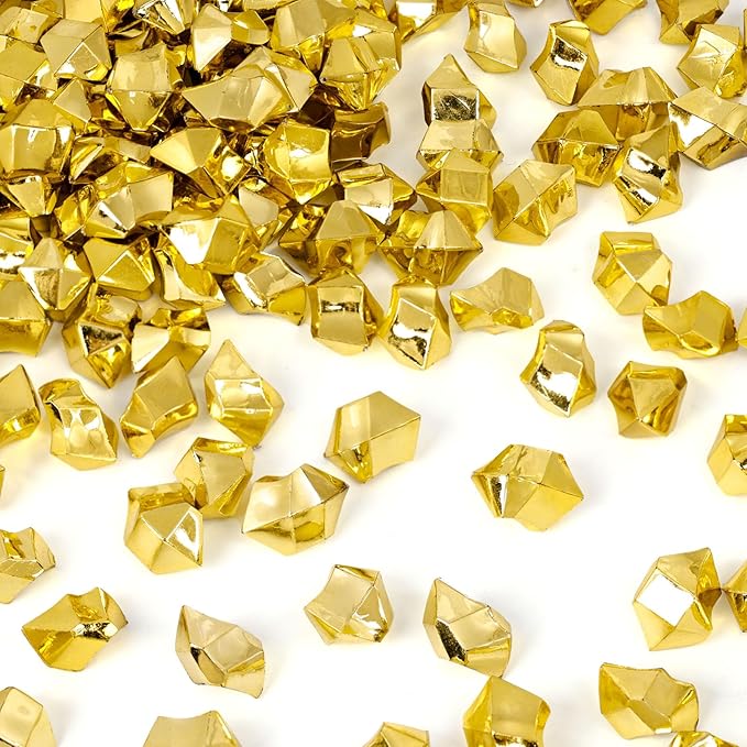 DomeStar 150PCS Gold Acrylic Ice Rocks – Faux Gold Gems Nuggets Vase Fillers for Table Scatter Centerpieces, Glitter Party Decorations, DIY Crafts, Pirate Party, Treasure Hunt Game
