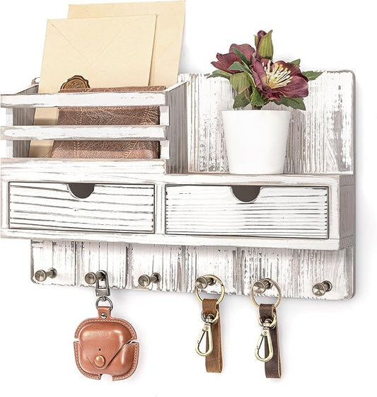 Rebee Vision Farmhouse Key Holder Wall Mount for Home Decor – Key and Mail Holder for Wall with 2 Drawer Organizer, 6 Key Hooks & Shelf – Apartment Essentials (Whitewash)