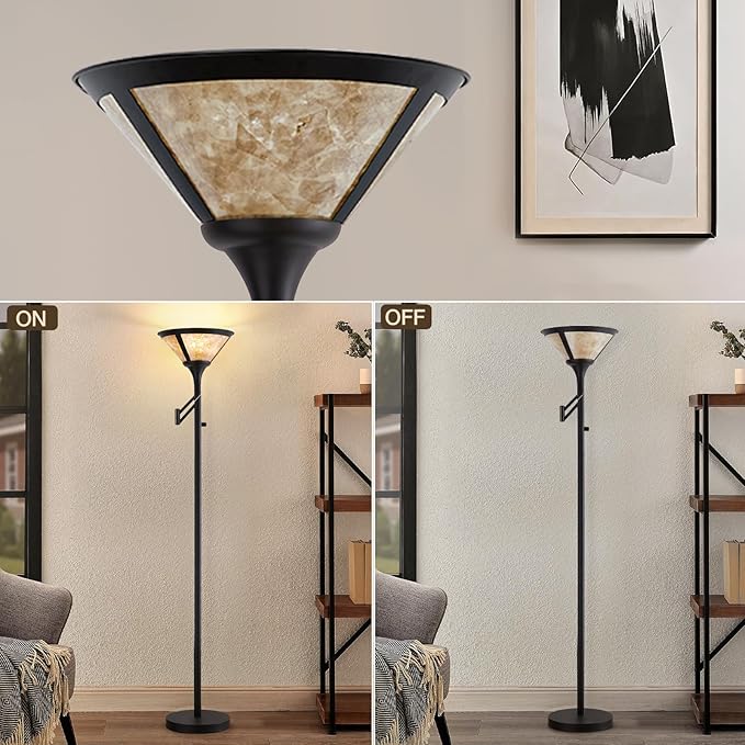 EJIAXIN Floor Lamps for Living Room - 70" Black Torchiere Standing Floor Lamp with White Mica Shade - Tall Corner Lamp Decor for Bedroom with Adjustable Swing Arm LED Reading Light for Home Office