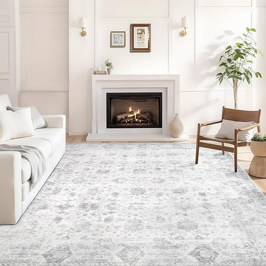 Dotiiorug Washable 6×9 Area Rugs for Living Room, Vintage Floral Rug Soft Non Slip Stain Resistant Boho Carpet for Bedroom Dinning Room Kitchen Home Office Grey