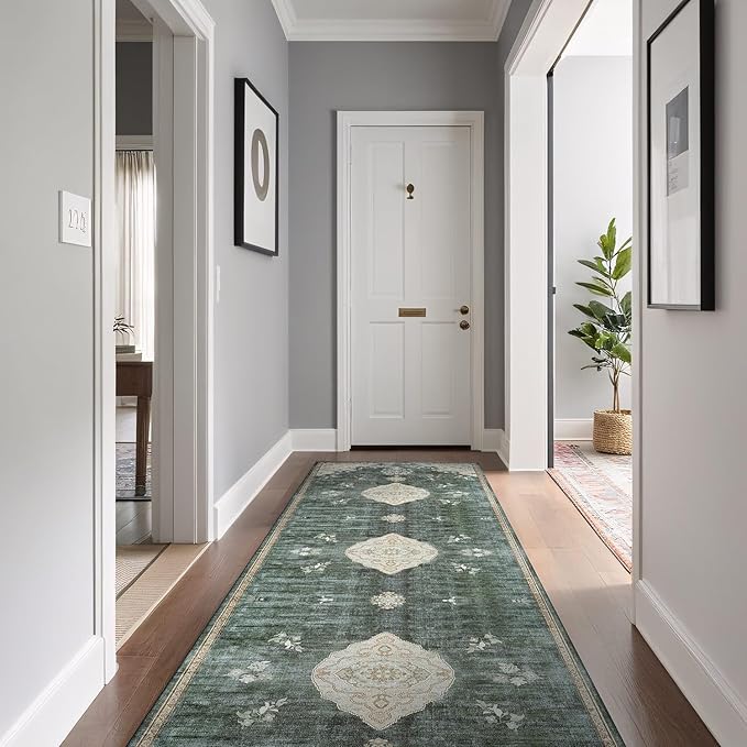 Beverly Rug Non Slip Rugs 2x7 Boho Medallion Floral Non Skid Rubber Backing Easy Silk Soft Runner Rug for Living Room Easy to Clean Non Shedding Kitchen Bedroom Indoor Carpet (2 x 7 Green - Cream)