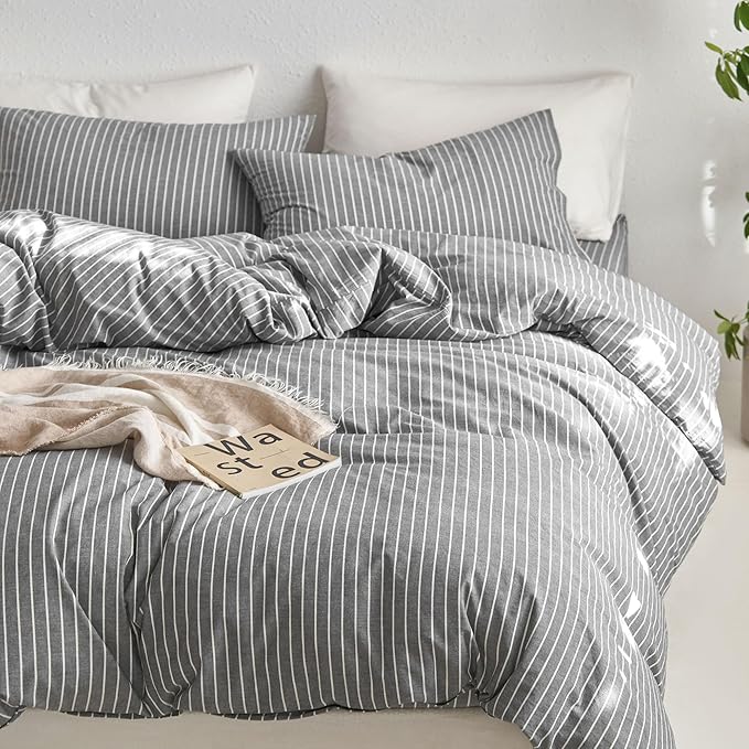 MooMee Striped Duvet Cover Set 100% Washed Cotton Linen Like Textured Breathable Durable Soft Comfy (Dark Grey White Wide Stripes, Full 80"x90")